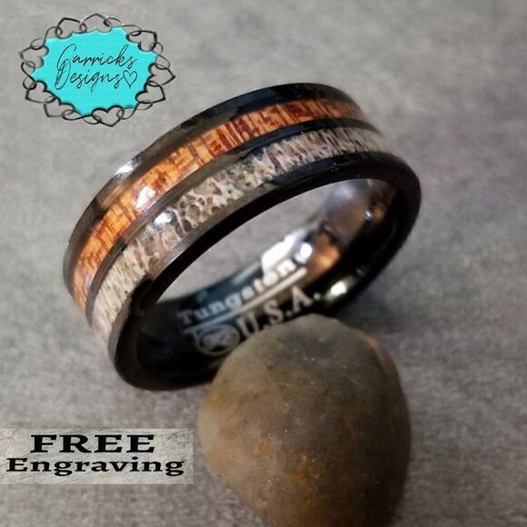 Personalized
Men's Real Black Tungsten Wedding Ring - Deer bone and Koa Wood - Picture 6 of 6